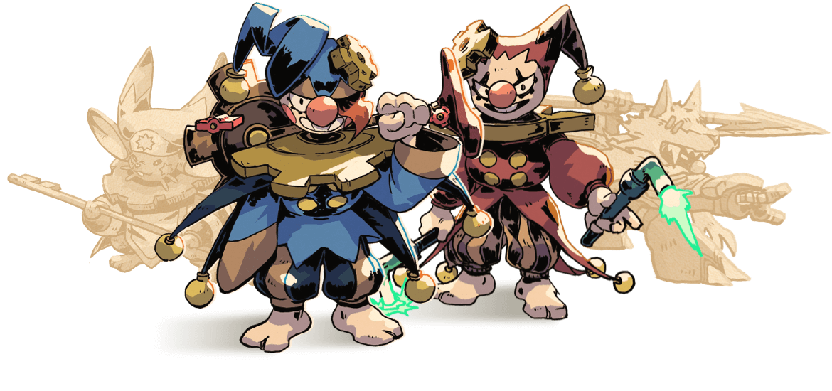 official art of the two minions of the puppeteer, pif and pouf. there are two other horloge enemies behind them